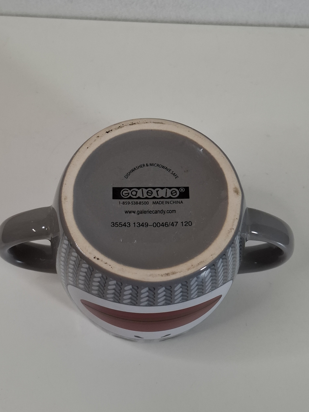 Gray Double-Handled Sock Monkey Ceramic Mug with Playful Face - Picture 3 of 7